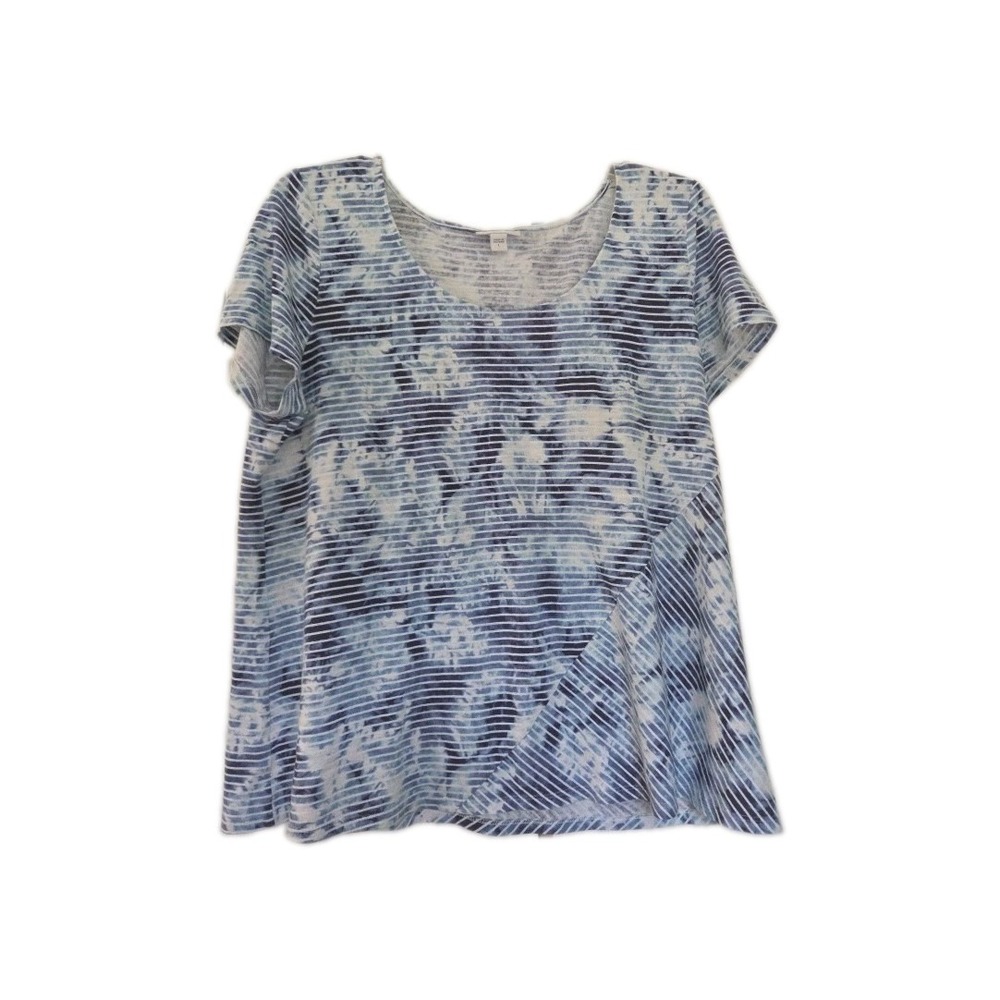 J. JILL PURE JILL Top Size Large Blue Indigo Tie-Dye Stripe Linen Blend Womens
